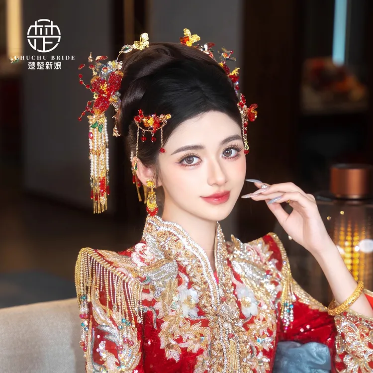 新款中式婚礼水晶发钗汉服秀禾精致发饰新娘古装传统头饰配饰