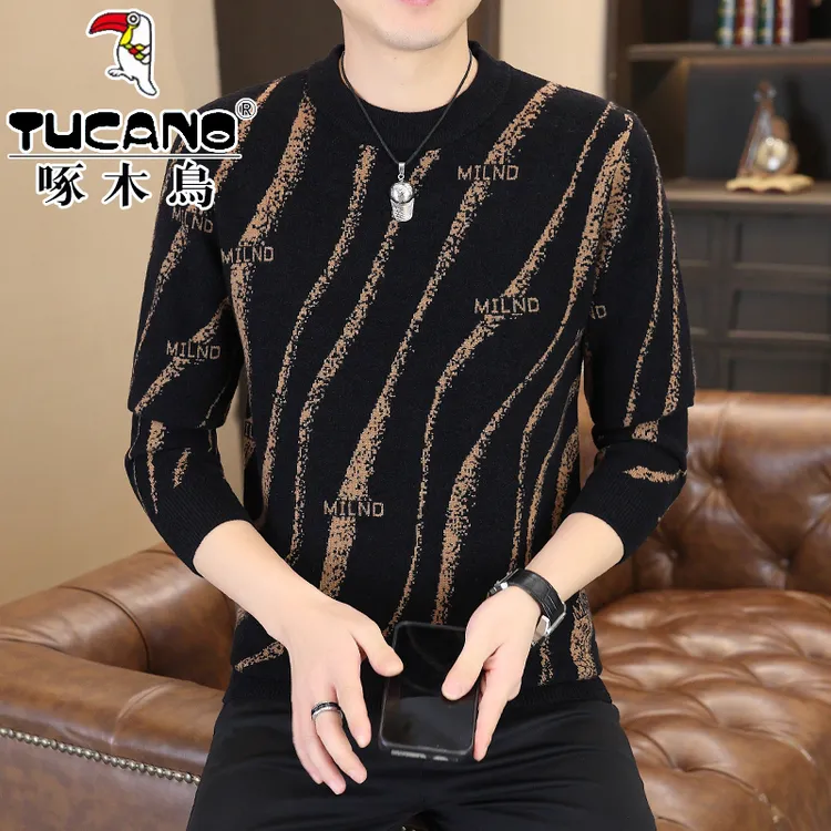 【 啄木鳥正品】新款男士提花针织套头圆领毛衣帅气烫钻冬季高品质