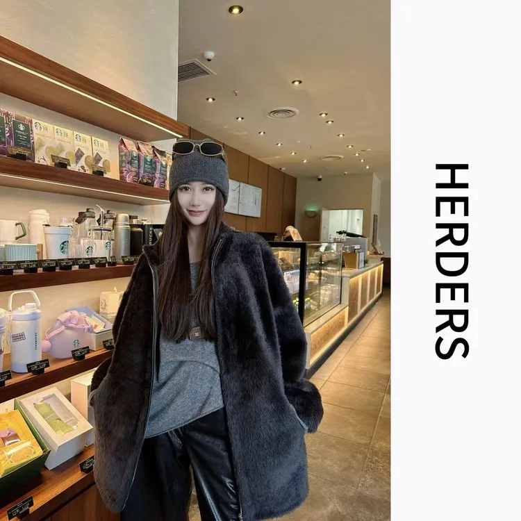 HERDERS 中长款立领拉链款皮毛一体外套 257022
