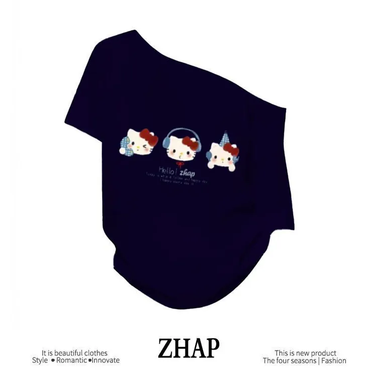 【ZHAP】新款一字肩宽松短袖t恤女藏青色通勤休闲盐系多巴胺穿搭