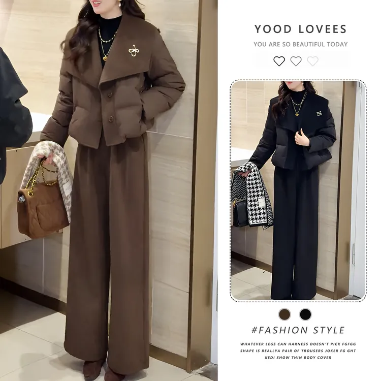 设计感大翻领针织拼接棉服外套女2025冬季新款小个子直筒裤两件套