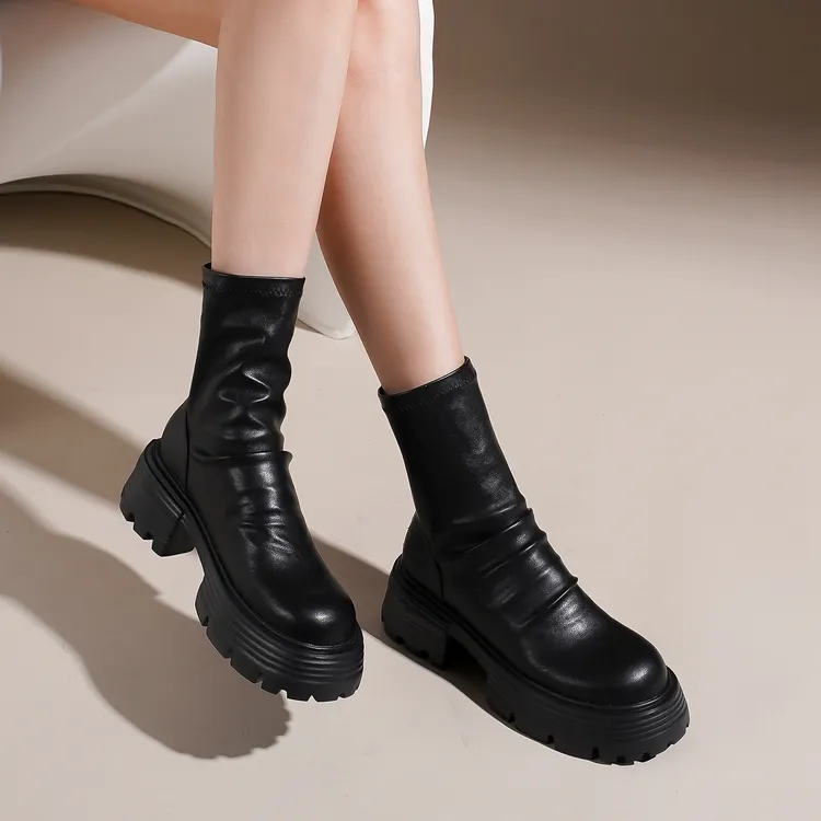 倒靴时装靴弹力瘦瘦靴后拉链弹力堆堆马丁靴女瘦瘦短靴厚底女靴子