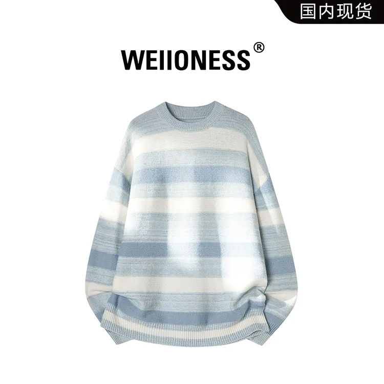 WEIIONESS小清新条纹渐变圆领毛衣男秋冬季高级感上衣宽松针织衫