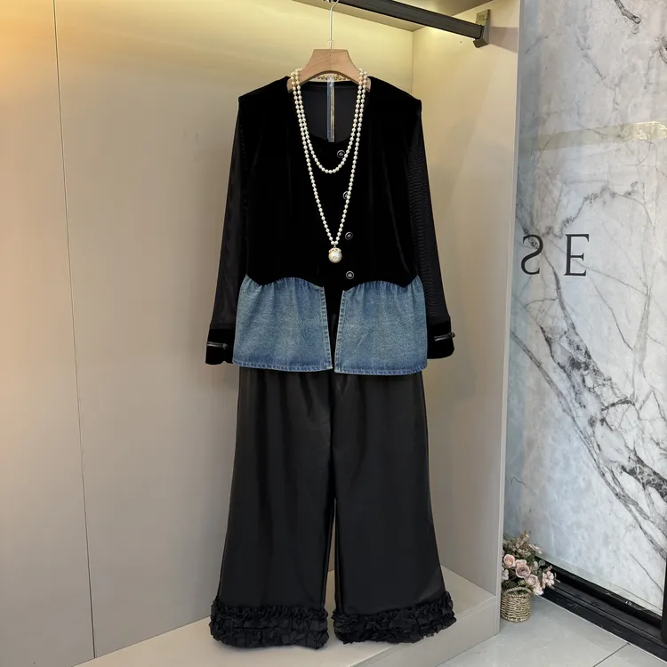 2025早秋新款时尚女装显瘦休闲拼接牛仔宽松韩版复古套装82038
