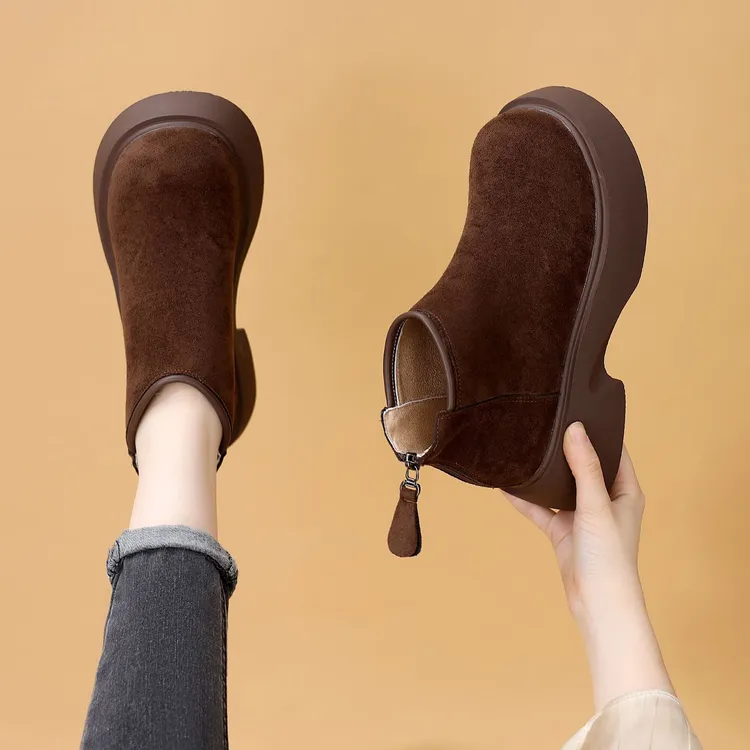 复古翻毛皮厚底短靴女2025秋冬新款增高显瘦拉链切尔西靴棉靴轻便