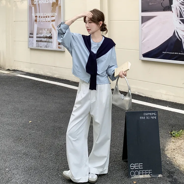 简约松弛感气质通勤套装裤女2025春秋新款衬衫阔腿裤两件套配披肩