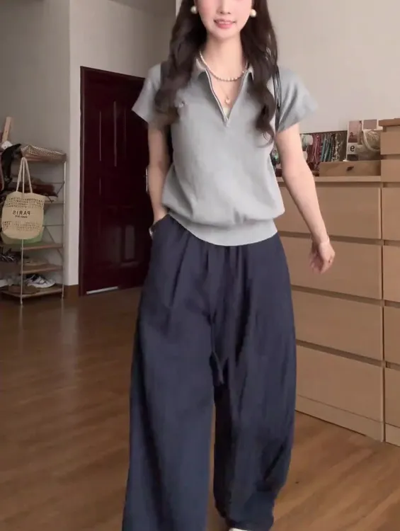 韩版慵懒学院风POLO领显瘦T恤高腰休闲阔腿裤女2025夏季新款套装