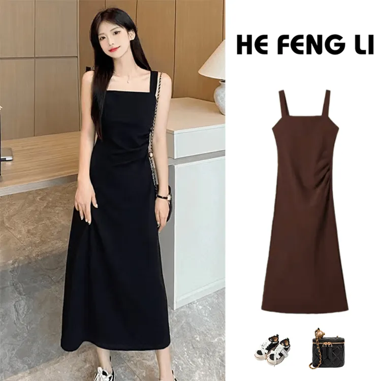 收腰无袖吊带裙女2025夏季新款遮肉显瘦内搭连衣裙垂坠外穿小黑裙