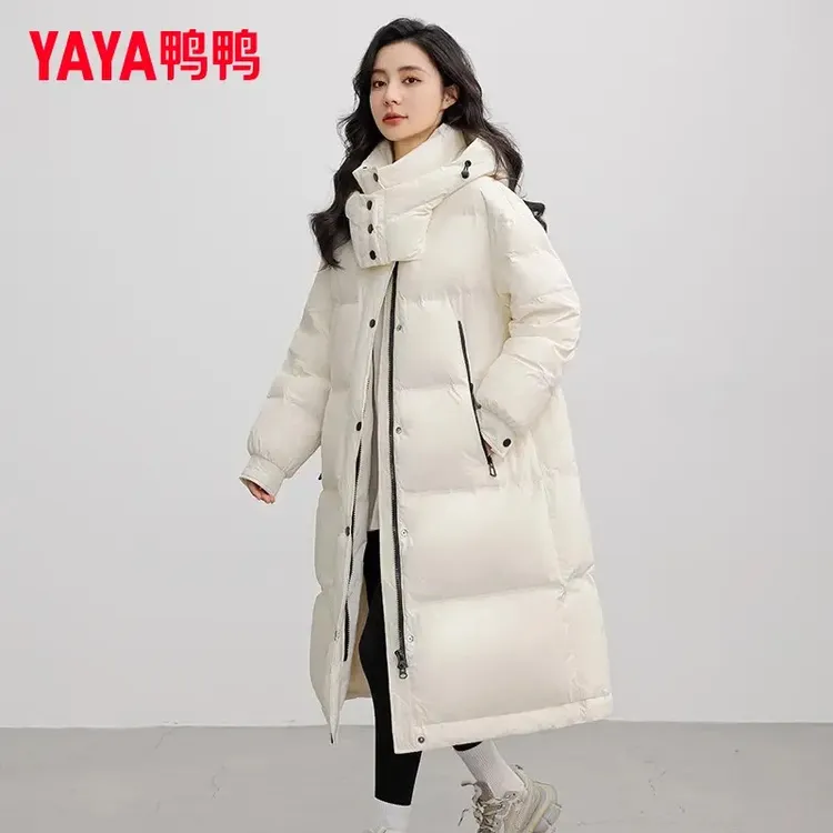 YAYA/鸭鸭羽绒服女长款2025年冬季连帽时尚韩版百搭简约加厚外套