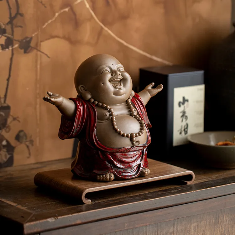 达人专属中式禅意喜迎天下笑佛摆件陶瓷弥勒佛客厅玄关装饰品乔迁开业礼物