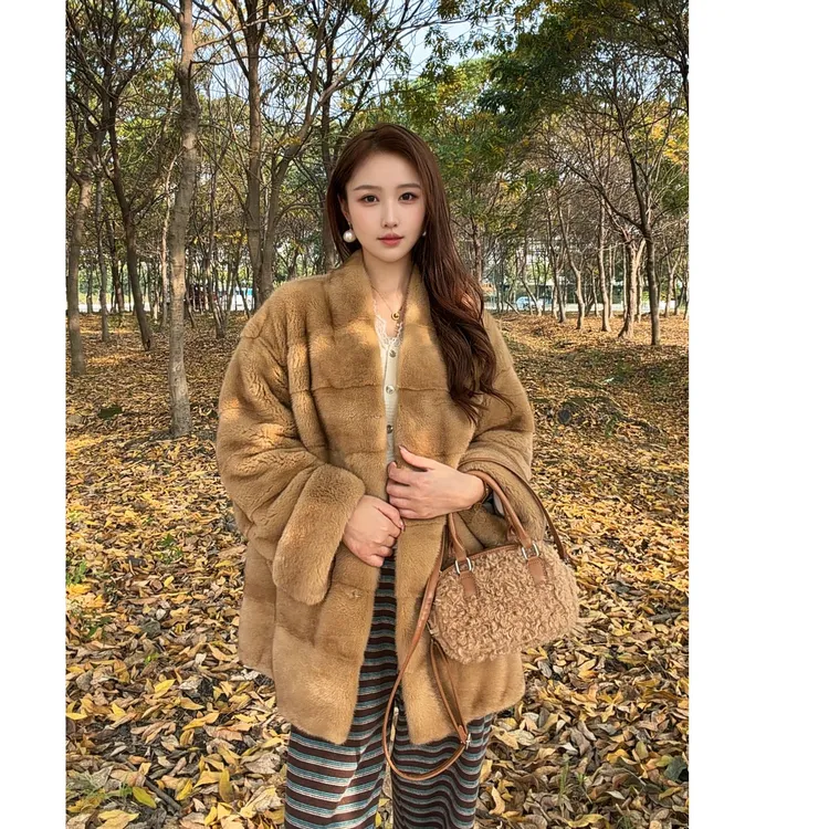 1号新款进口70长晚袖V领宽松V领貂皮大衣女整貂紫标天鹅绒外套48H