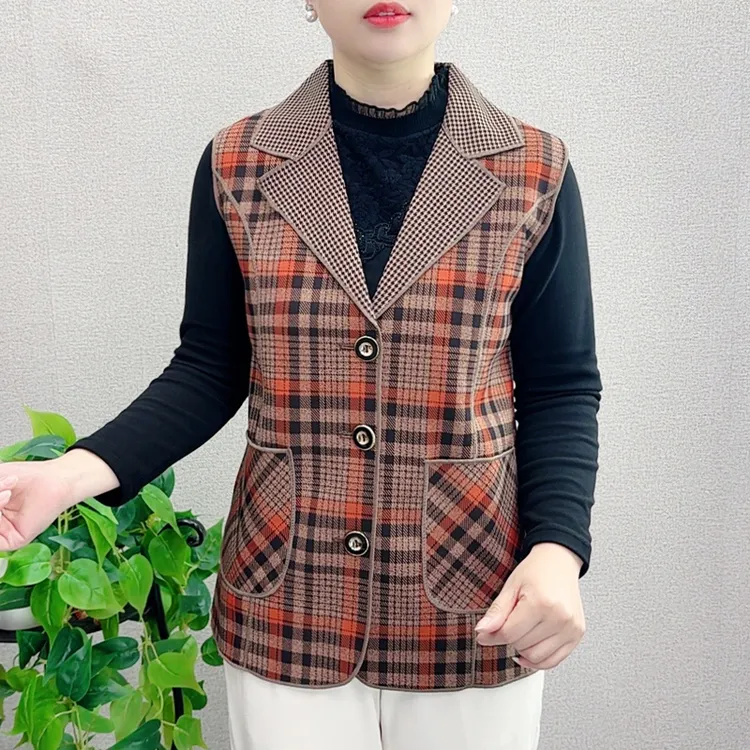 春季妈妈装马甲外套翻领上衣中老年女装马夹春装格子宽松女上衣