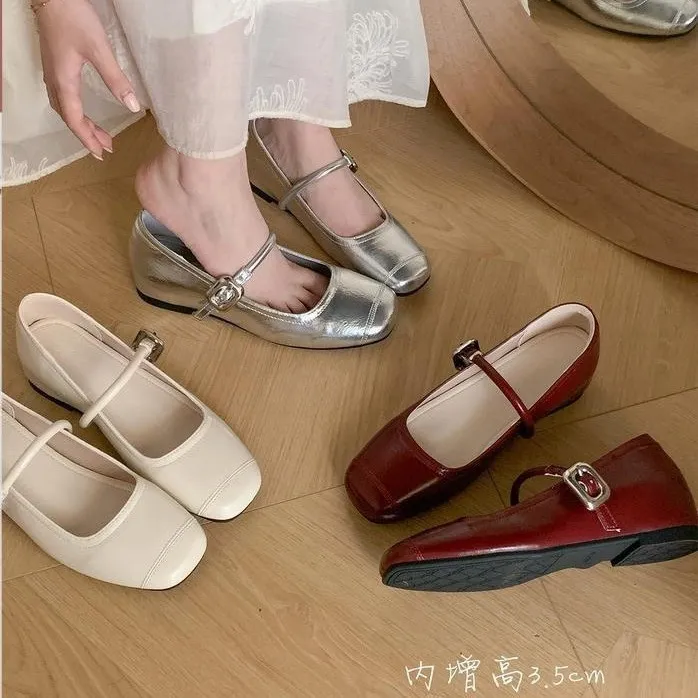 内增高3.5CM法式复古春秋小众设计感单鞋浅口银色鞋玛丽珍鞋女