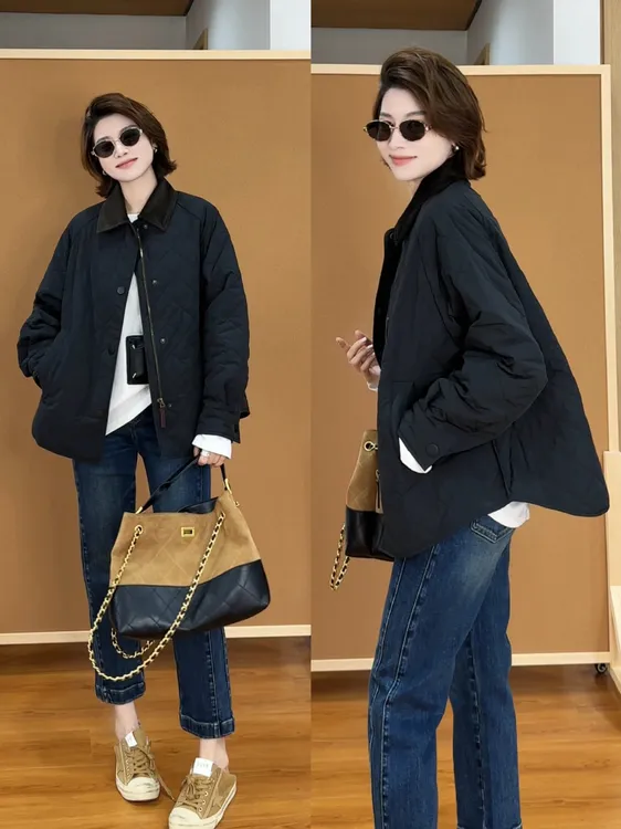 月月【曼城奇遇】极简风灯芯绒领女冬季宽松棉服菱格外套 2509C5930