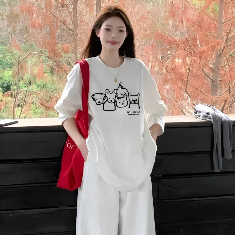 美式小狗印花重磅纯棉长袖T恤男女春季新款宽松慵懒风上衣打底衫