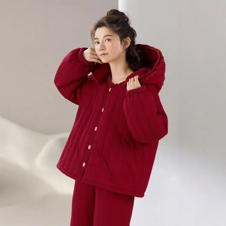 新婚结婚本命红加绒加厚三层夹棉睡衣女士秋冬季新款保暖连帽套装