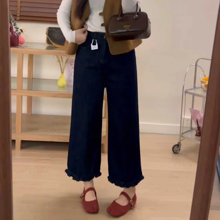 梨型身材微胖穿搭阔腿牛仔裤女大码胖妹妹高腰显瘦百搭直筒九分裤