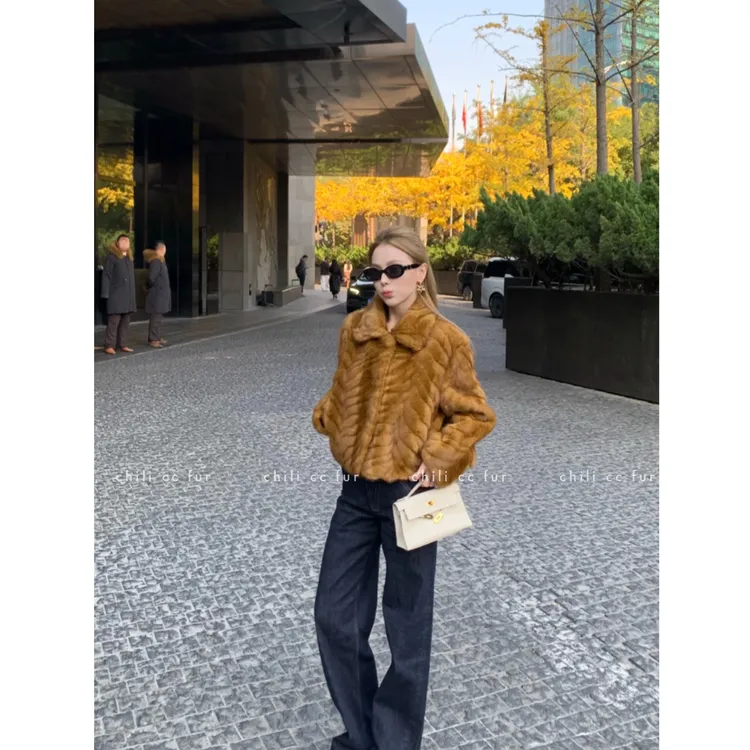 人造皮草 ZUOMAN【洛可可】韩系翻领奶油风干净软糯金叶貂短外套