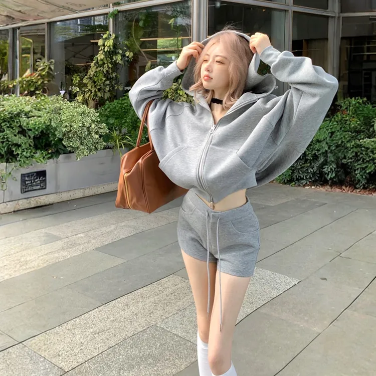 高级感慵懒欧货灰色卫衣短裤套装女春秋休闲宽松美式运动服两件套