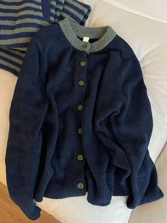 高级设计感条纹加绒加厚半边绒睡衣女冬大码保暖针织家居服两件套