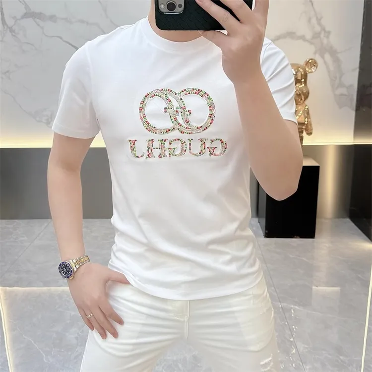 2025夏季新款欧货时尚潮牌字母刺绣徽章修身圆领短袖T恤男潮半袖