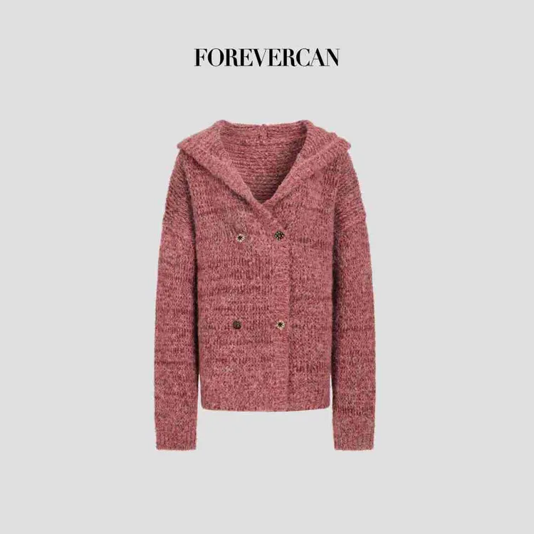 FOREVERCAN“赤茶新春”客定重工美丽诺羊毛连帽针织毛衣外套MY4497