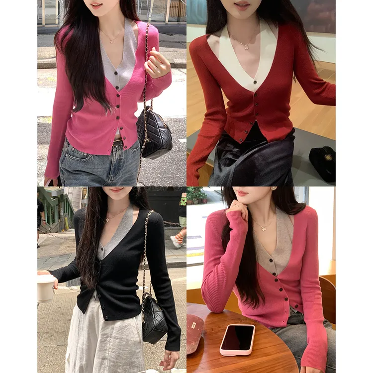 【mimius】P 气质纯欲挂脖撞色假两件开衫 WG08020