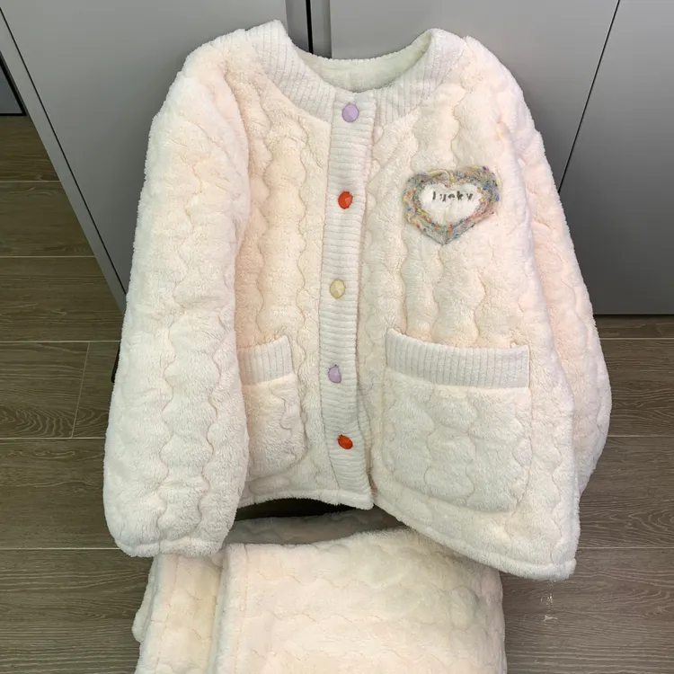 珊瑚绒睡衣女秋冬季三层夹棉大码加厚法兰绒可外穿套装冬天家居服