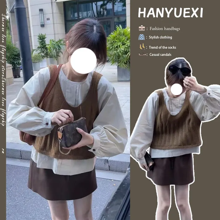 秋季穿搭一整套女2025新款韩版百搭衬衫针织马甲时尚短裙三件套潮