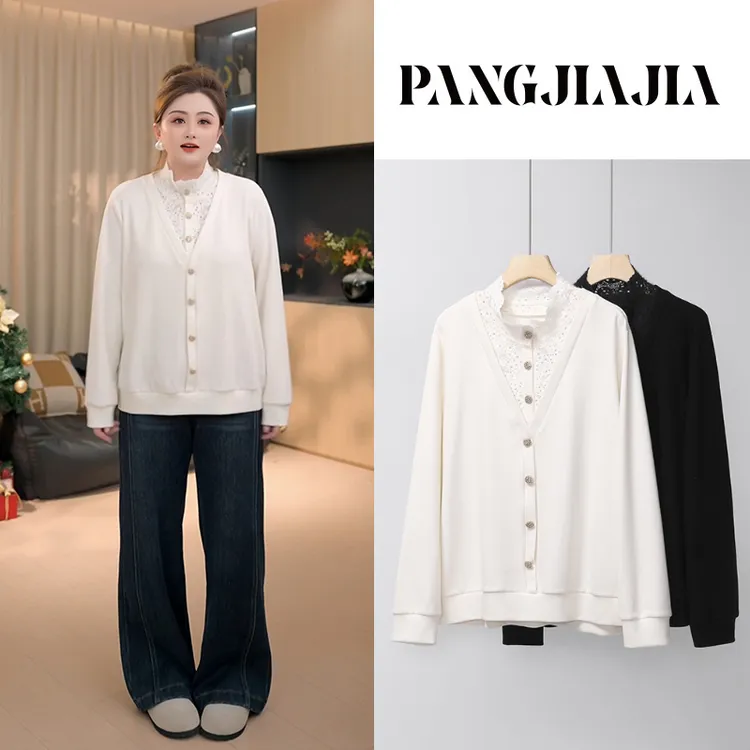 【胖佳佳】小香蕾丝 冬季时尚假两件半高领针织上衣女H625E17765