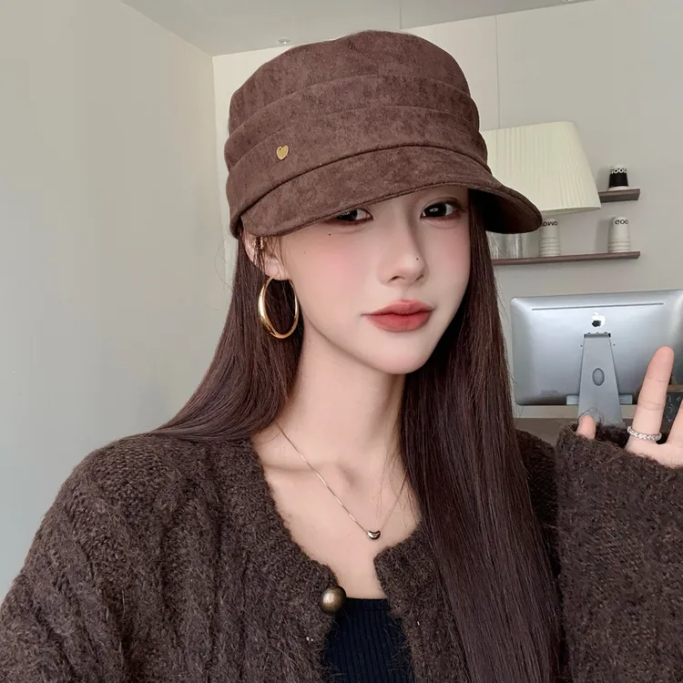 纯色麂皮绒爱心马术帽平顶帽子时髦洋气英伦风复古纯色休闲八角帽