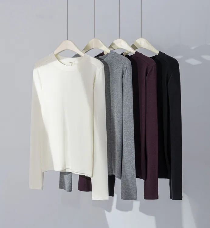 【天丝醋酸绵羊毛】圆领鱼骨拼接极简T长袖秋冬女韩系柔软垂感打底