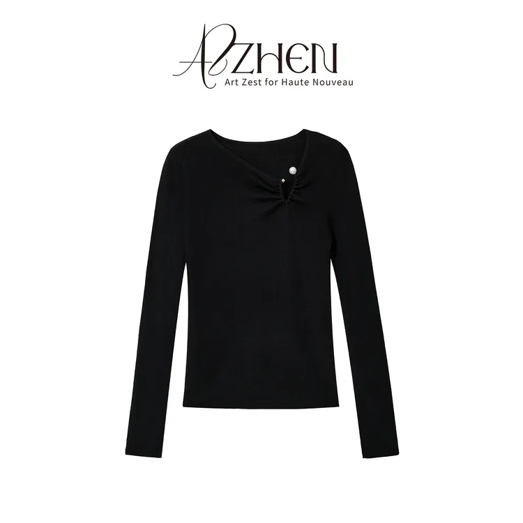 AZZHEN【撩心私语】不规则领型针织衫珍珠露锁骨上衣AZ5PBT12-ZT