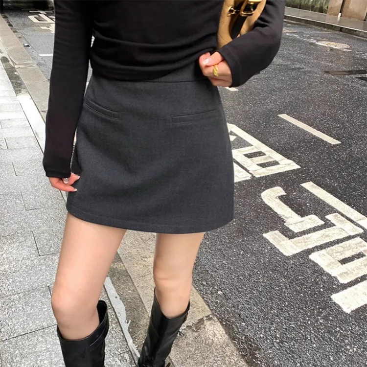 Amy家 微胖mm 深灰色高腰半身裙女秋季2025新款气质显瘦A字短裙子