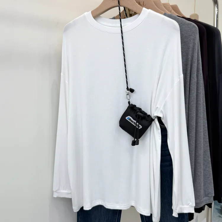 美式大版弹力垂感面膜t恤女中长款打底衫秋装纯色圆领长袖上衣潮
