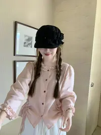 【BUBU定制】韩系粉色抽皱木耳边设计衬衫早秋新款甜美减龄上衣102