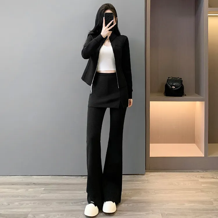 韩版休闲运动套装女秋季新款立领卫衣修身假两件微喇长裤两件套潮