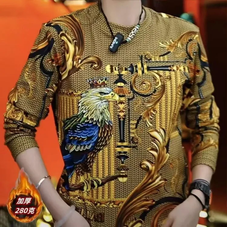 秋冬皇冠雄鹰印花男士t恤长袖潮流时尚休闲加厚圆领保暖打底衫
