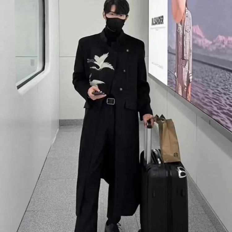 新中式男装仙鹤刺绣毛呢大衣男秋冬季暗扣中长款立领风衣汉服外套