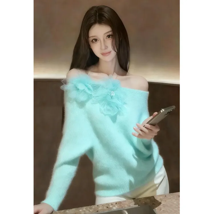 独特别致花纱紫色一字肩针织衫女2025秋冬气质名媛轻熟风百搭毛衣