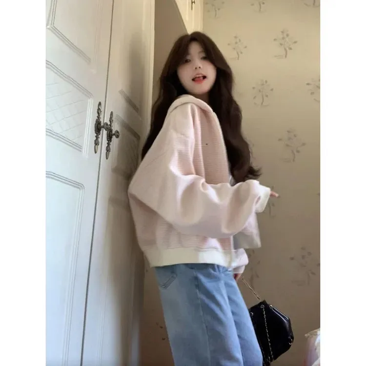 纯棉韩系甜美刺绣条纹连帽开衫卫衣女春秋冬加绒宽松休闲百搭外套