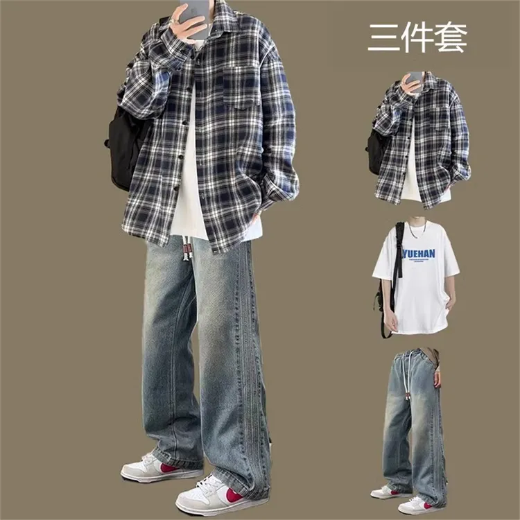 秋季长袖格子衬衫男ins潮牌港风痞帅一套休闲宽松百搭青少年套装