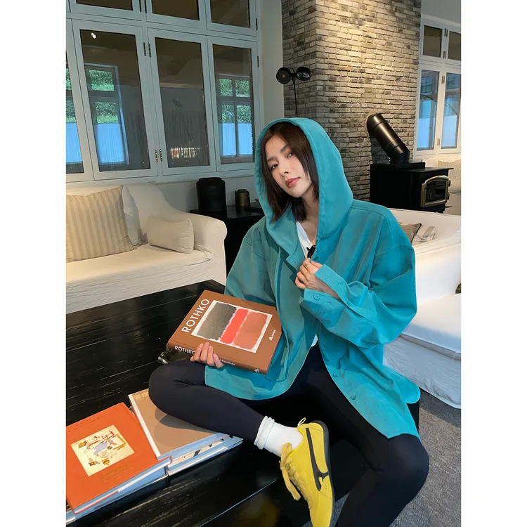 JCCC影子【琥珀/久木红】两色绒感连帽廓形长袖衬衫外套JE5AAC16