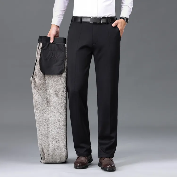 中老年男士高腰雪狐绒加厚加绒直筒宽松西裤上班商务长裤子简约暖