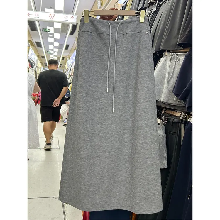 韩版垂感抽绳高腰灰色半身裙女2025春秋新款休闲开叉直筒百搭长裙