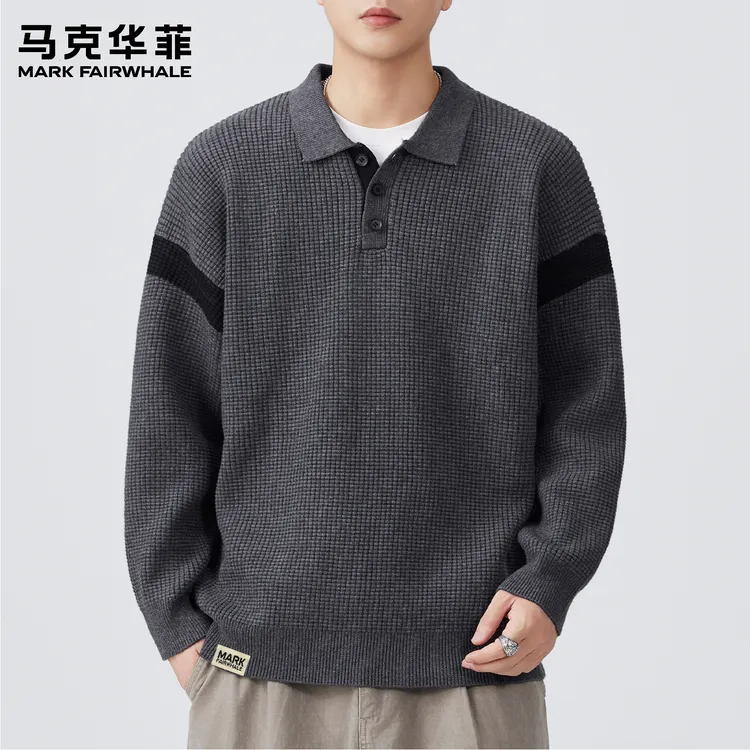 马克华菲美式复古翻领毛衣男秋冬季慵懒感宽松撞色情侣套头针织衫