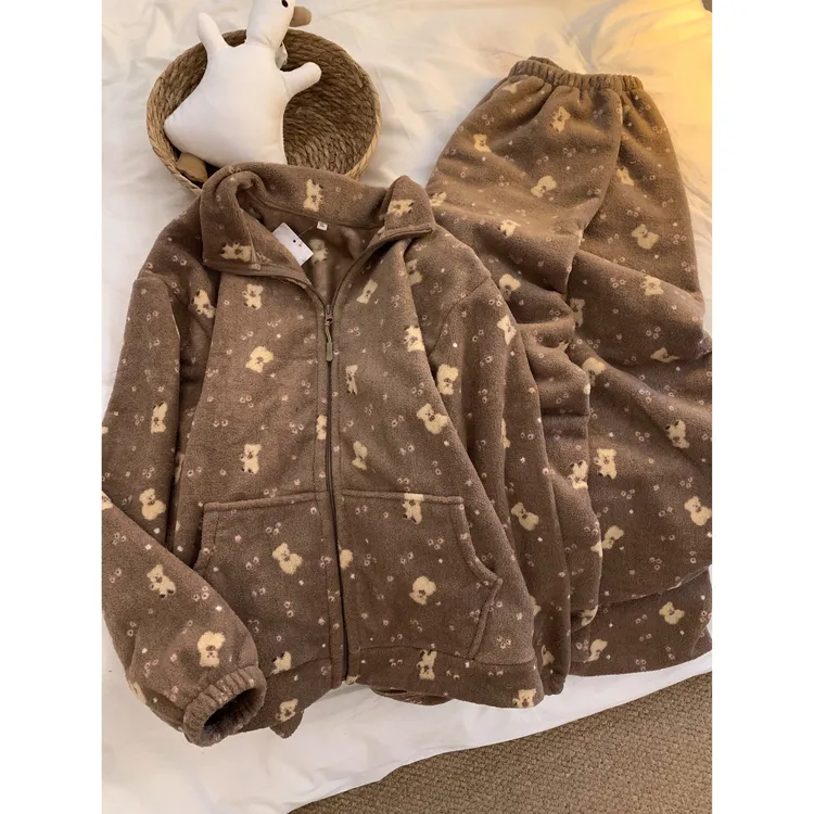 韩版可爱小熊法兰绒睡衣女冬季新款加厚保暖毛绒家居服套装可外穿