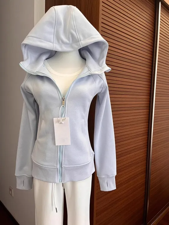 奶蓝色正肩卫衣外套秋冬修身运动穿搭连帽开衫收腰显瘦瑜伽服上衣