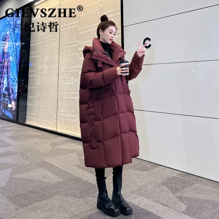 纪诗哲红色鹅绒羽绒服女款爆款2025新款正品中长款外出新款外套女