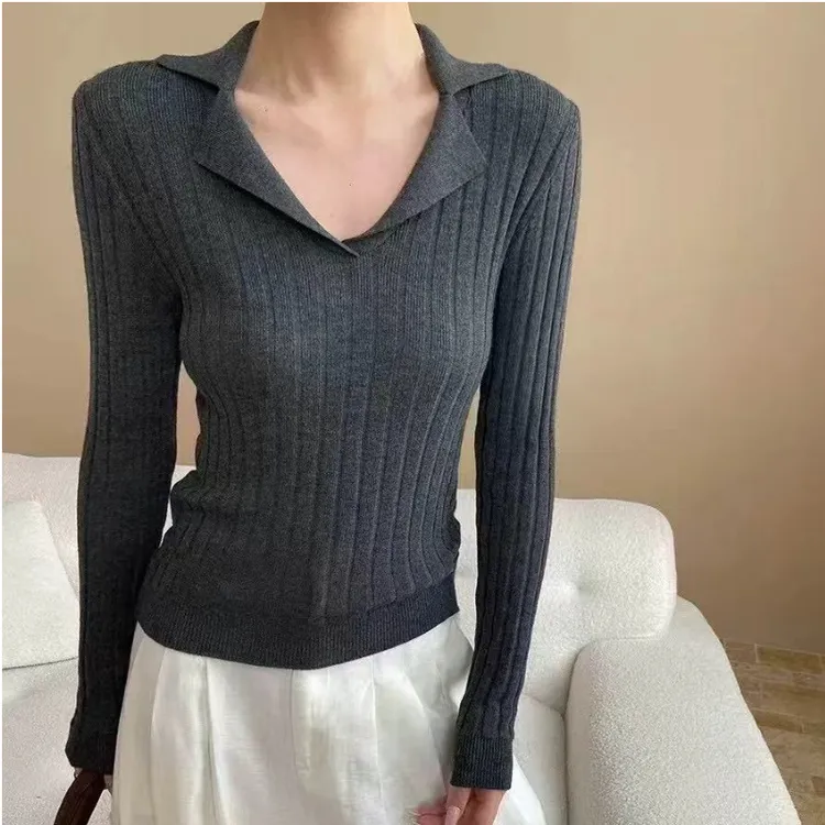 纯色高级感翻领毛衣针织衫复古翻领长袖女秋季薄款修身显瘦Polo衫